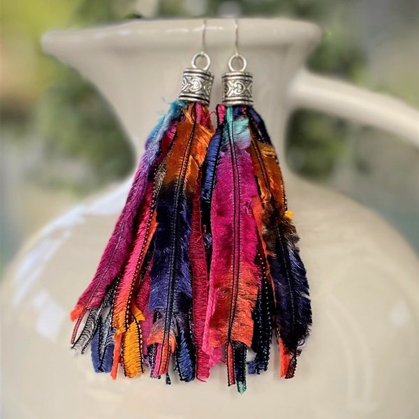 Tassel fringe earrings in shades of purple, pink, blue, green, red and orange , boho earrings, long tassel earrings.