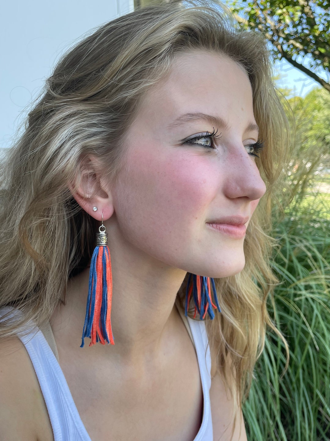 Orange and Blue Tassel Fringe Earrings. University of IL Etsy