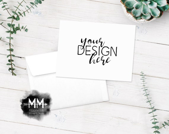 Rustic Greeting Card Mockup Wooden Background White Envelope Product