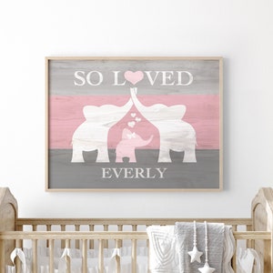 Pink Elephant Nursery Decor, Custom Nursery Name Sign Girl Print, Elephant Baby Shower Gift, Elephant Decor Gifts For Baby Girl 1st Birthday Pink