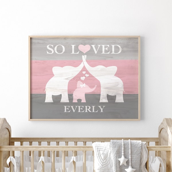 Pink Elephant Nursery Decor, Custom Nursery Name Sign Girl Print, Elephant Baby Shower Gift, Elephant Decor Gifts For Baby Girl 1st Birthday