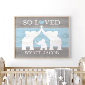 So Loved Nursery Name Sign Boy Print, Elephant Nursery Art, Elephant Baby Shower Gift, Elephant Decor Gifts For Baby Grandson, 1st Birthday