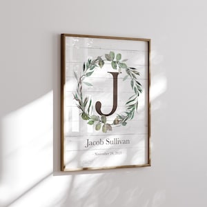 Personalized Nursery Wall Art, Botanical Print, Boy Nursery Decor, Boho Nursery Name Sign, Greenery, Boho Kids Room Wreath, Baby Shower Gift