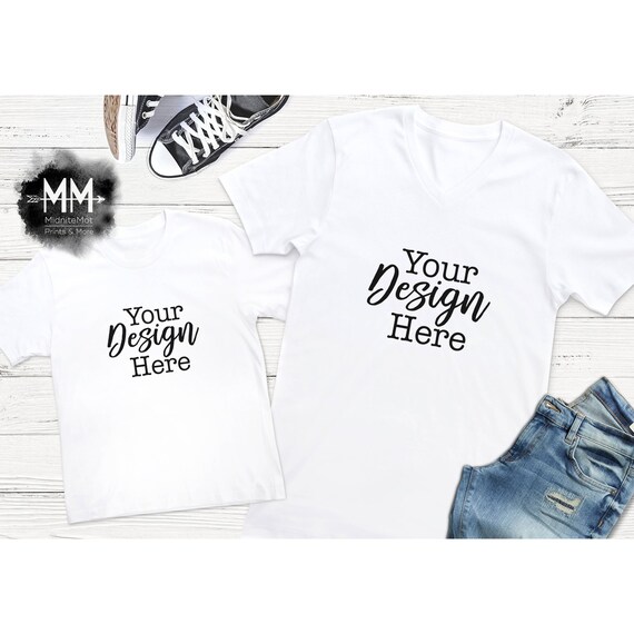 White Vneck Shirt And Toddler T-Shirt Mockup Matching Shirt