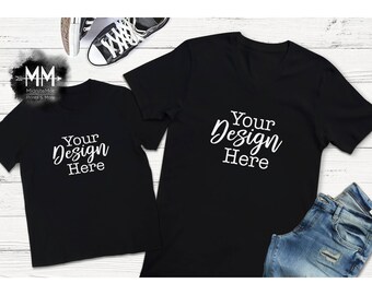 Download Black V-Neck Shirt and Toddler T-Shirt Mockup, Matching ...
