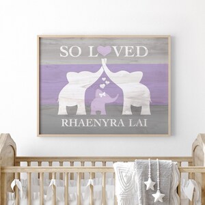 Pink Elephant Nursery Decor, Custom Nursery Name Sign Girl Print, Elephant Baby Shower Gift, Elephant Decor Gifts For Baby Girl 1st Birthday Purple