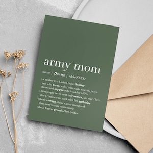 Personalisierte Armee Mutter Geschenke, Geschenk für Armee Mutter Geburtstag, DRUCKBARE Karte von Soldat zu Armee Mutter, stolze Armee Mom Definition Karte DIGITAL