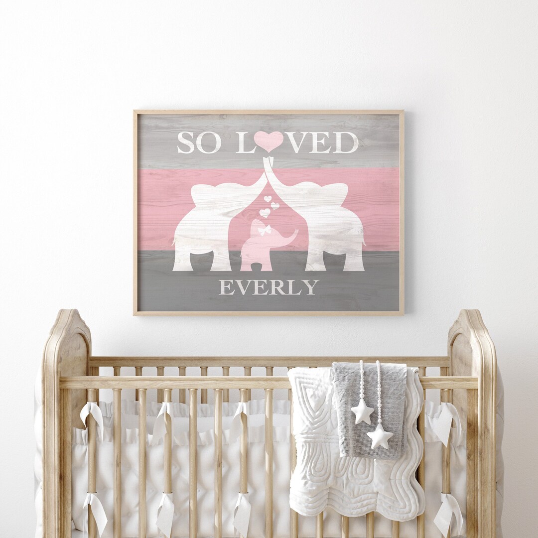 Pink Elephant Nursery Decor, Custom Nursery Name Sign Girl Print