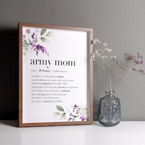 Custom FRAMED Army Mom Print, Army Mom Gift, Purple Flowers Wall Decor for Army Mom Wall Art, Mothers Day Gift for Army Mom Definition Quote