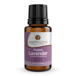 May include: A brown glass bottle of organic lavender essential oil with a black cap. The label is purple and white and reads "earthroma" "NATURE AT ITS PUREST" "Organic Lavender" "Lavandula angustifolia" "100% Pure Essential Oil" "15ml 1/2 FL OZ 300 drops".