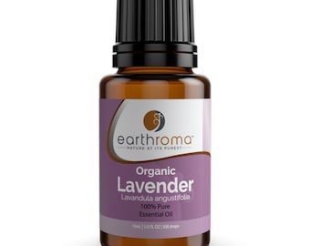 May include: A brown glass bottle of organic lavender essential oil with a black cap. The label is purple and white and reads "earthroma" "NATURE AT ITS PUREST" "Organic Lavender" "Lavandula angustifolia" "100% Pure Essential Oil" "15ml 1/2 FL OZ 300 drops".