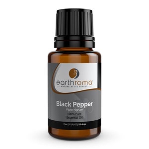 May include: A brown glass bottle of Earthroma Black Pepper essential oil. The label includes the text "Black Pepper", "Piper nigrum", and "100% Pure Essential Oil". The bottle contains 15mL or 1/2 FL OZ, approximately 300 drops.