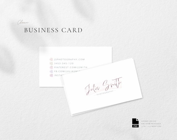 Clean Business Card With Watercolor Icons Photoshop Template Etsy