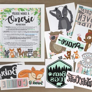 Pink Woodland Onesie® Decorating Decals - Includes Instruction Sign - Iron-On Transfers - Baby Shower Girl Floral Forest Animals (1GWG1-1A)