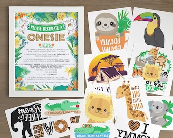 Safari Baby Shower/ Onesie® Decorating/ Jungle Animals/ Iron-On Transfers/ Instruction Sign/ Gender Neutral/ 12, 18, 24 or 30 Decal Packs