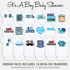 K&ouml;nnte beinhalten: Ein Set mit 18 B&uuml;gelbildern f&uuml;r Baby-Bodys. Die Transfers zeigen verschiedene Designs und Spr&uuml;che, darunter "Ich liebe Mama", "Der Mann", "Kleiner Gentleman" und "Baby des Jahres".