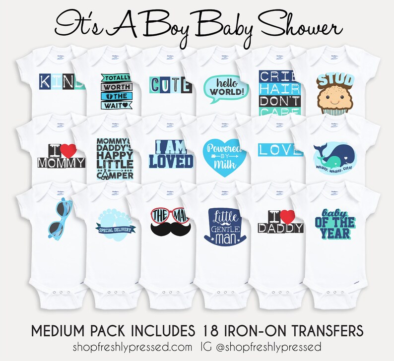 K&ouml;nnte beinhalten: Ein Set mit 18 B&uuml;gelbildern f&uuml;r Baby-Bodys. Die Transfers zeigen verschiedene Designs und Spr&uuml;che, darunter "Ich liebe Mama", "Der Mann", "Kleiner Gentleman" und "Baby des Jahres".