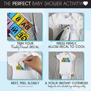 May include: A step-by-step guide on how to iron on a decal to a white onesie. The decal features a colorful periodic table design with the words "Baby Genius".