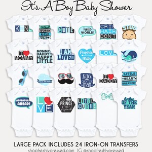 K&ouml;nnte beinhalten: Ein Set mit 24 B&uuml;gelbildern f&uuml;r Baby-Bodys. Die Transfers zeigen verschiedene Designs und Spr&uuml;che rund um einen kleinen Jungen, wie zum Beispiel "Ich liebe Mama", "Der Prinz ist angekommen" und "Kleiner Herzensbrecher".