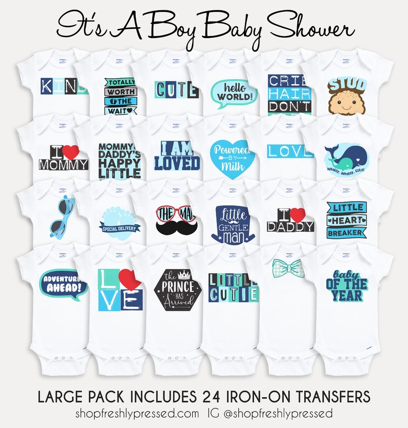 K&ouml;nnte beinhalten: Ein Set mit 24 B&uuml;gelbildern f&uuml;r Baby-Bodys. Die Transfers zeigen verschiedene Designs und Spr&uuml;che rund um einen kleinen Jungen, wie zum Beispiel "Ich liebe Mama", "Der Prinz ist angekommen" und "Kleiner Herzensbrecher".