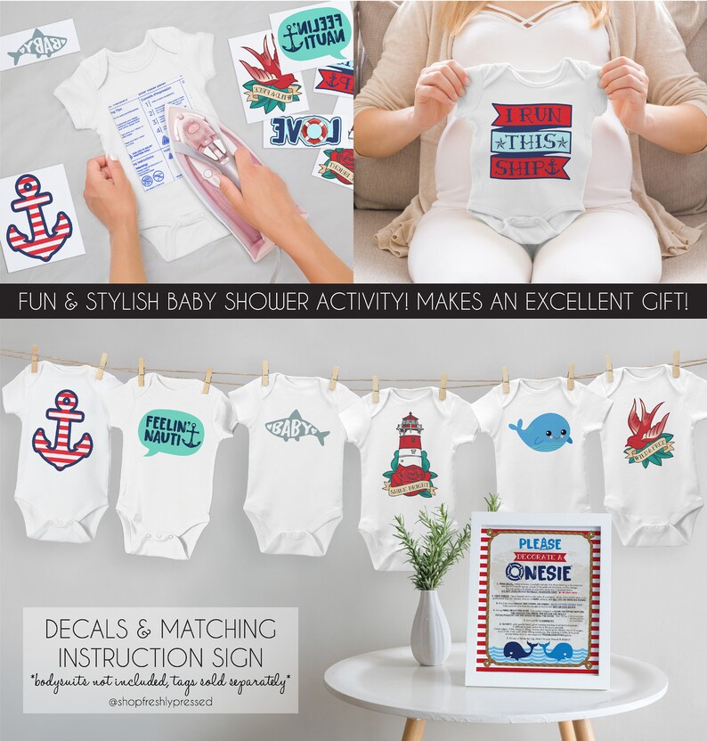 May include: A set of nautical themed iron-on decals for baby onesies. The decals feature anchors, lighthouses, whales, and other nautical designs. The set also includes an instruction sign with the text "Please Decorate a Onesie".