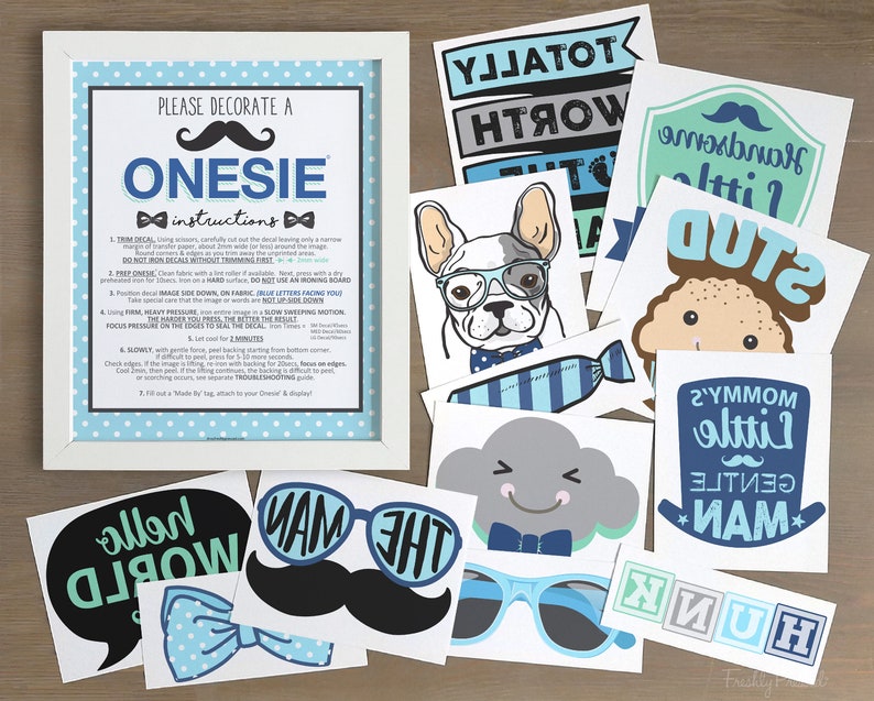 May include: A set of iron-on decals for a baby onesie. The decals feature a variety of designs, including a mustache, a bow tie, a cloud, a dog, and the words "Hello World", "The Man", "Little Gentleman", and "Stud".