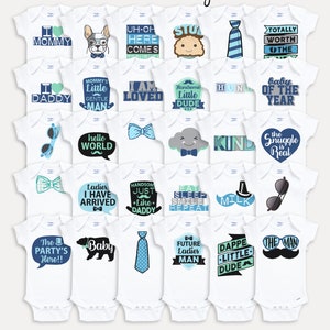 May include: Thirty white baby onesies with iron-on transfers featuring various designs and text, including "I love mommy", "I love daddy", "Mommy's little gentle man", "I am loved", "Handsome little dude", "Baby of the year", "The party's here", "Baby", "Future ladies man", "Dapper little dude", and "The man".
