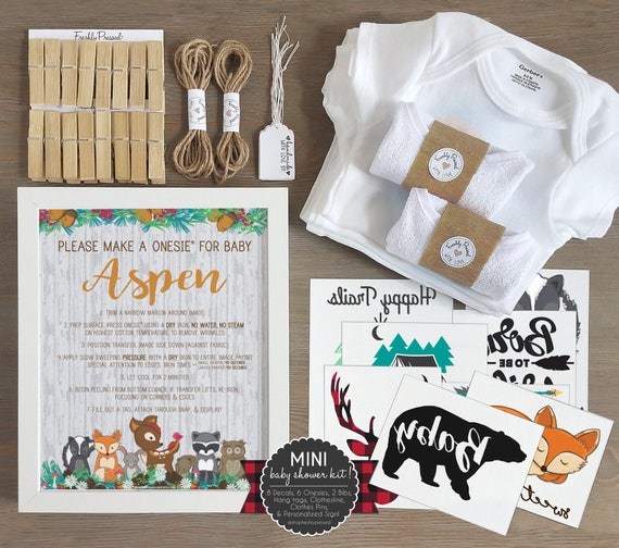 Woodland Creatures Onesie Decorating Kit Personalized Sign Diy Baby Shower Kit Onesie Decorating Station 8 Fun Decals 6 Onesies 2 Bibs