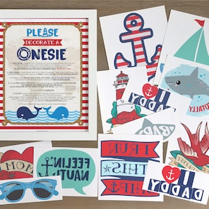 May include: A set of 12 iron-on decals featuring nautical themes, including anchors, sailboats, lighthouses, whales, and a shark. The decals are printed on white paper with red, blue, and green accents. The decals are perfect for decorating onesies for a baby shower or birthday party.