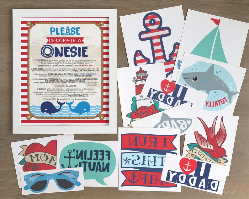 May include: A set of 12 iron-on decals featuring nautical themes, including anchors, sailboats, lighthouses, whales, and a shark. The decals are printed on white paper with red, blue, and green accents. The decals are perfect for decorating onesies for a baby shower or birthday party.