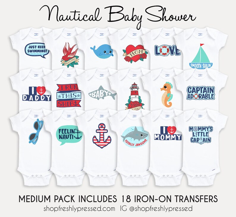 May include: A set of 18 iron-on transfers for baby onesies featuring nautical themes. The designs include anchors, sailboats, seahorses, sharks, lighthouses, and phrases like "Just Keep Swimming!" and "Captain Adorable".