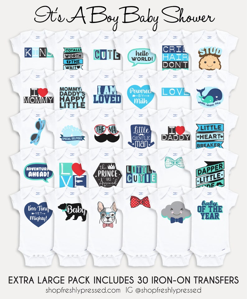 K&ouml;nnte beinhalten: Ein Set mit 30 B&uuml;gelbildern f&uuml;r Baby-Bodys. Die Transfers zeigen verschiedene Designs und Spr&uuml;che, darunter "Ich bin klein, aber m&auml;chtig!" und "Der Prinz ist angekommen".