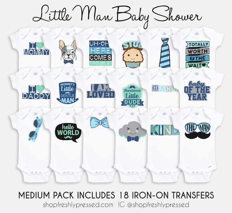 May include: A set of 18 iron-on transfers for baby onesies. The transfers feature various designs and sayings, including "I love mommy", "I love daddy", "Mommy's little gentle man", "I am loved", "Handsome little dude", "Totally worth the wait", "Baby of the year", "Hello world", "Kind", "The man", and more. The transfers are in blue, green, and white.