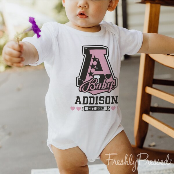 Personalized ‘A’ Name & Date Baby Bodysuit – Custom Infant One Piece Pink Girl Varsity Collegiate Fashion Romper Fun Shower Gift 1GVS1-13Z1