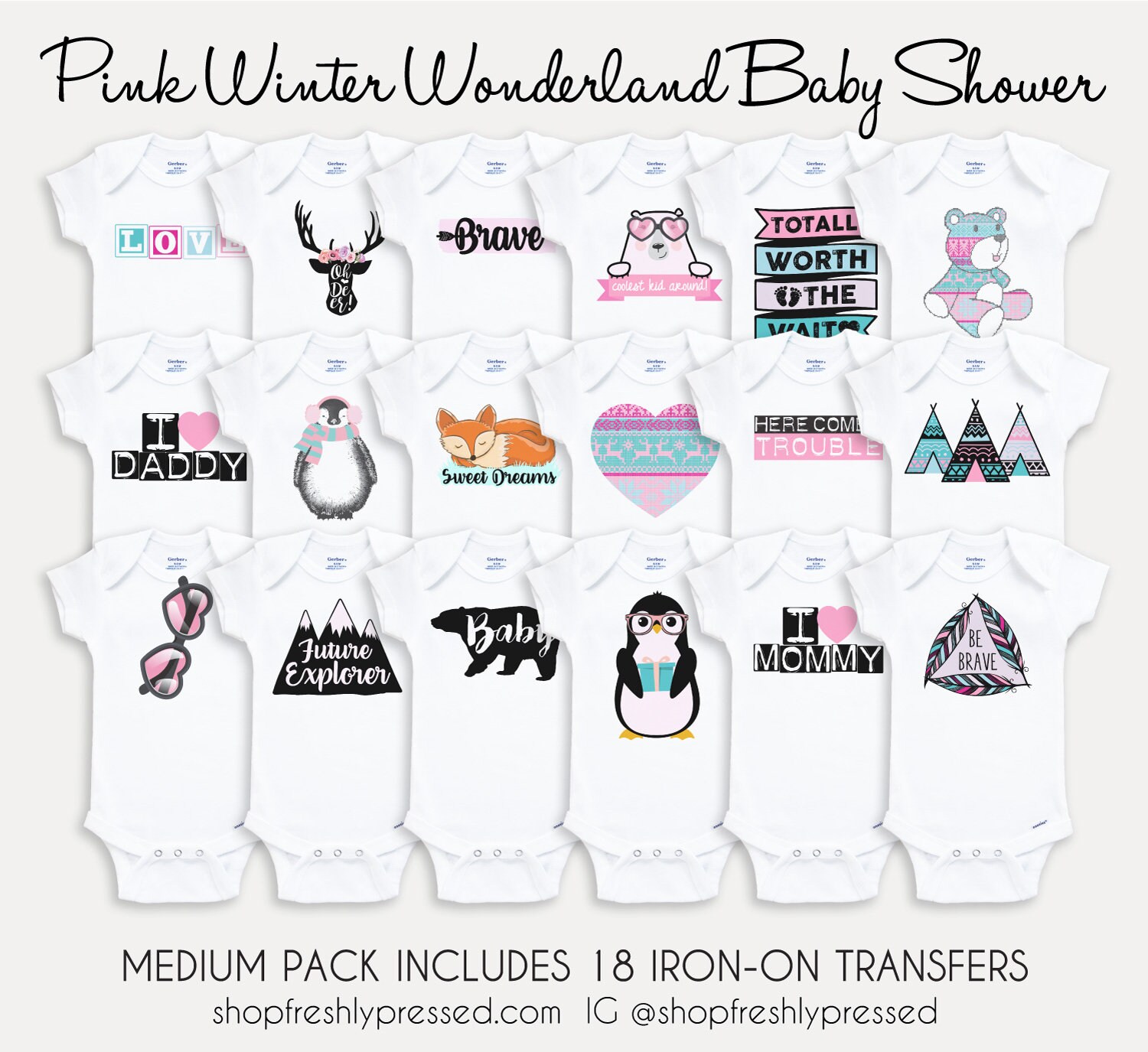 Iron-on Transfers/ Pink Winter Wonderland Baby Shower/ Onesie® | Etsy