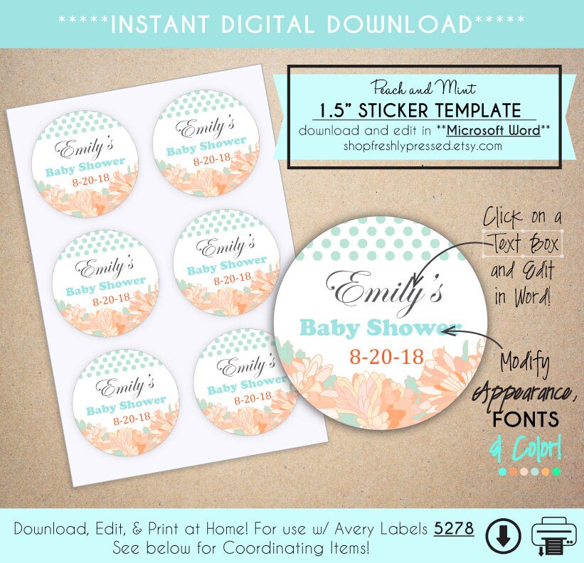Printable Peach and Mint Baby Shower Stickers 1.5 Round. | Etsy
