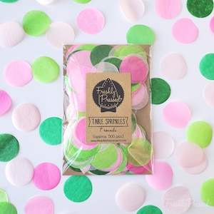 May include: A bag of pink, green, and white confetti circles. The bag is labeled "Freshly Pressed" and "Table Sprinkles 1" rounds (approx. 500 pcs.) www.shopfreshlypressed.com"