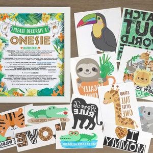 Safari Onesie® Decorating Decals - Decorative Instruction Sign - Iron-On Transfers - Gender Neutral Baby Shower Green Jungle Zoo (1NSF1-1A)