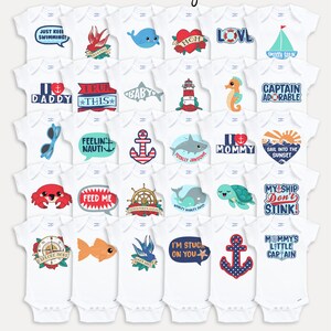 May include: A set of 30 iron-on transfers featuring nautical themed designs for baby onesies. The designs include anchors, sea creatures, lighthouses, and phrases like "Just Keep Swimming!" and "Mommy's Little Captain".