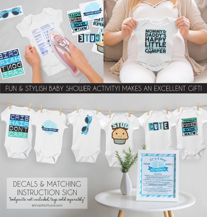 K&ouml;nnte beinhalten: Ein Set B&uuml;gelbilder f&uuml;r Baby-Bodys. Die Aufkleber zeigen S&auml;tze wie "Crib Hair Don't Care", "Stud", "Cute" und "Totally Worth The Wait". Die Aufkleber sind blau und wei&szlig; und f&uuml;r eine Babyparty-Aktivit&auml;t gedacht.
