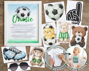 Soccer Onesie® Decorating Decals: Baby Shower Activity, Iron-On Transfers, Sporty Party Activity Decorations (1BSC1-1A)