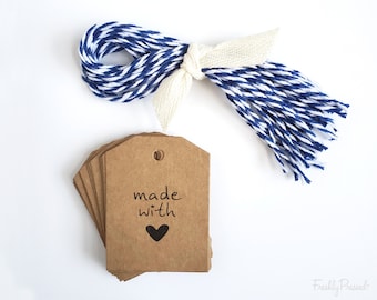Kraft Tags & Bakers Twine - Made With Love Hangtags - Gift Favor Party Tags - 2-1/8th inch Tall - Select Your Twine Color (1NKB1-12B)
