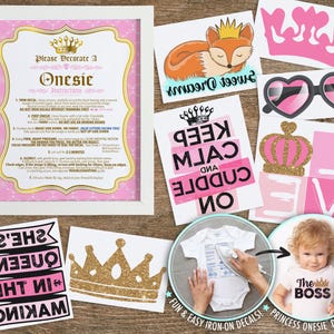 May include: A set of iron-on decals for baby bodysuits featuring a white instruction sign, a sleeping fox with a crown, a pink crown, heart-shaped sunglasses, a Keep Calm and Cuddle On sign, a gold crown, and a She's a Queen in the Making banner.