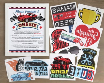Race Car Onesie® Decorating Iron-On Decals – Baby Shower Instruction Sign (1BRC1-1A)