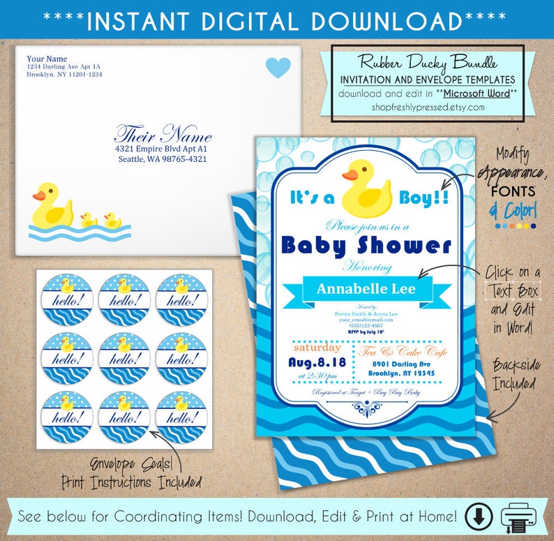 Printable Rubber Ducky Baby Shower Invitations Easy To Edit Etsy