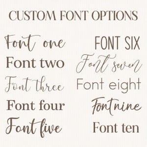 May include: A display of custom font options featuring the text CUSTOM FONT OPTIONS at the top, followed by ten distinct styles labelled Font one through Font ten in brown text on a light background, showcasing various script and serif typefaces.