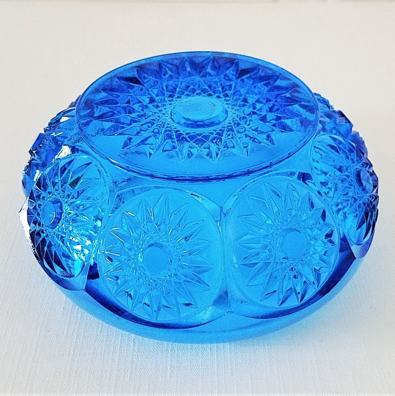 Mid Century Blue Glass Potpourri Bowl In The Hobstar Cut Glass Etsy