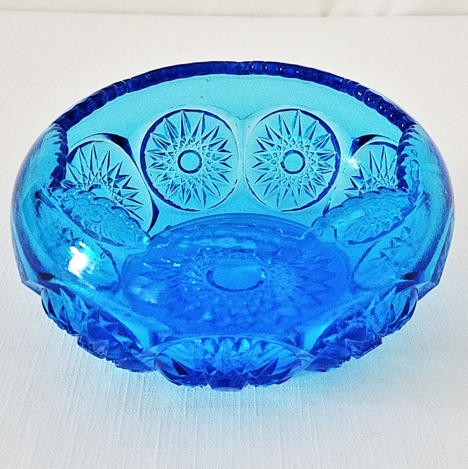 Mid Century Blue Glass Potpourri Bowl In The Hobstar Cut Glass Etsy