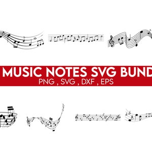 以下が含まれることがあります： デジタルダウンロード用の28個の音楽記号SVGファイルのセット。画像は、流れるような音符のライン、音符のバスケット、単一のラインの音符など、さまざまな音楽記号のデザインを示しています。テキスト「28 MUSIC NOTES SVG BUNDLE PNG, SVG, DXF, EPS」は赤色で表示されます。