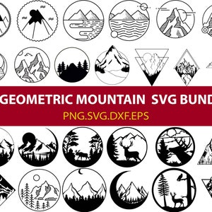 Paquete geométrico de montaña svg, montañas svg, escena de montaña svg, paisaje svg, arte mural, naturaleza svg, aventura svg, clipart de montaña